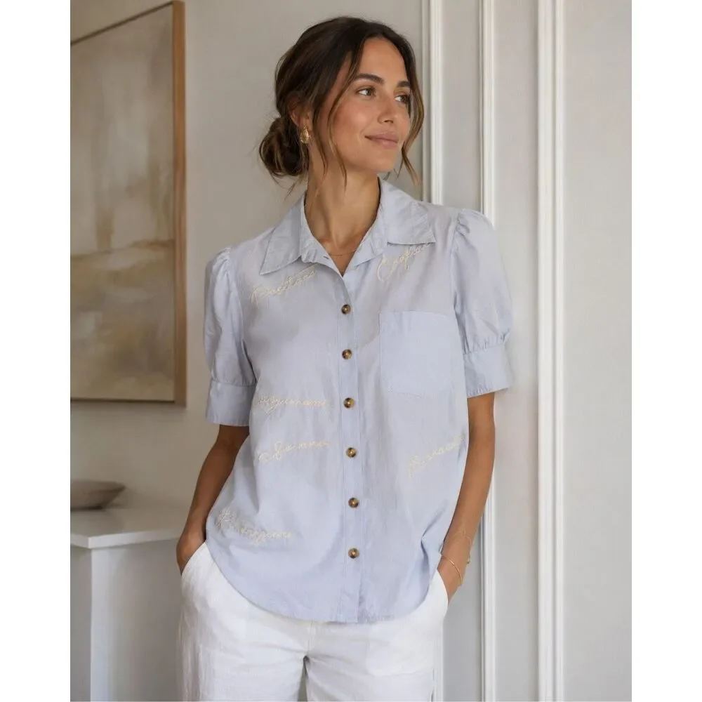 Anthropologie Blue Embroidered European feminine Puff Sleeve Button-Down Blouse,